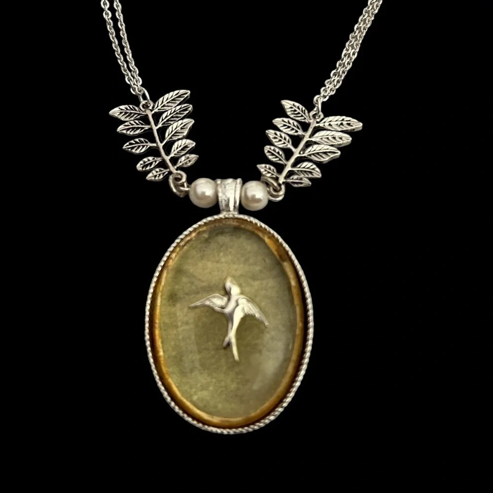 Double Slivertone Chain w/ Leaf & Faux Pearl & Gold/Yellow Pendant & Silver Bird
